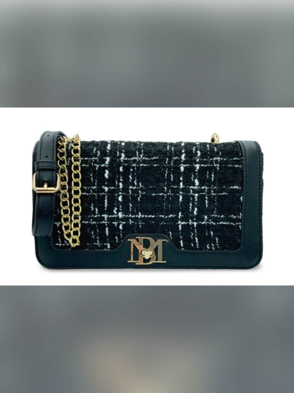 NWT BradleyMischka Black Tweed Crossbody Shoulder Bag with Gold Chain